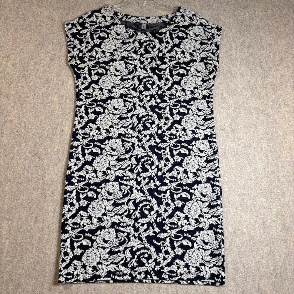 Soyaconcept‎ Dress Wmns Medium Blue White Cotton Blend Floral Knit Shift Classic